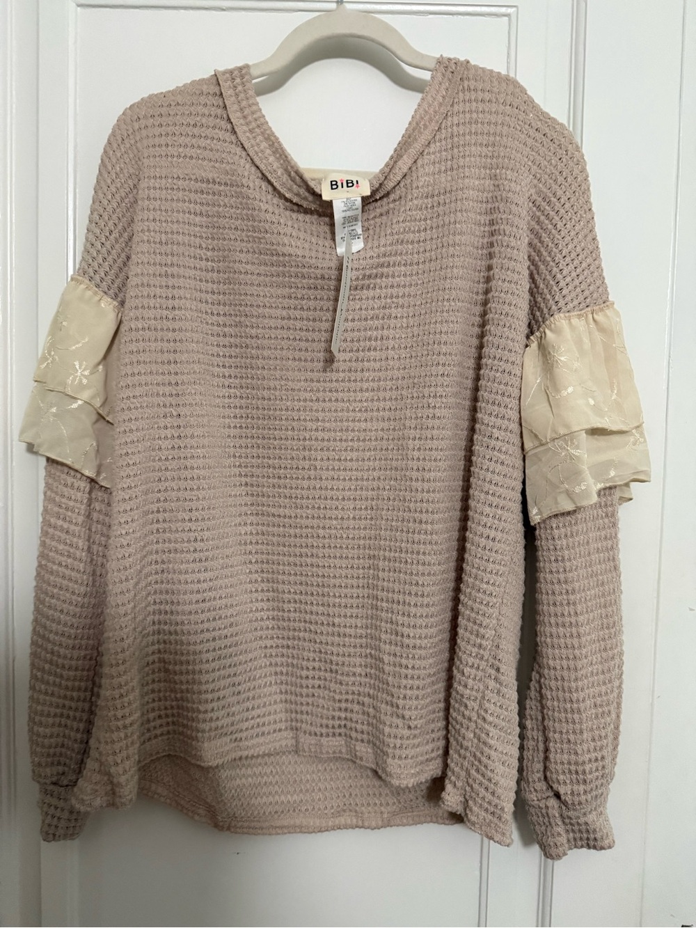 BiBi Taupe Waffle-Knit Pullover with Cream Ruffle Sleeves